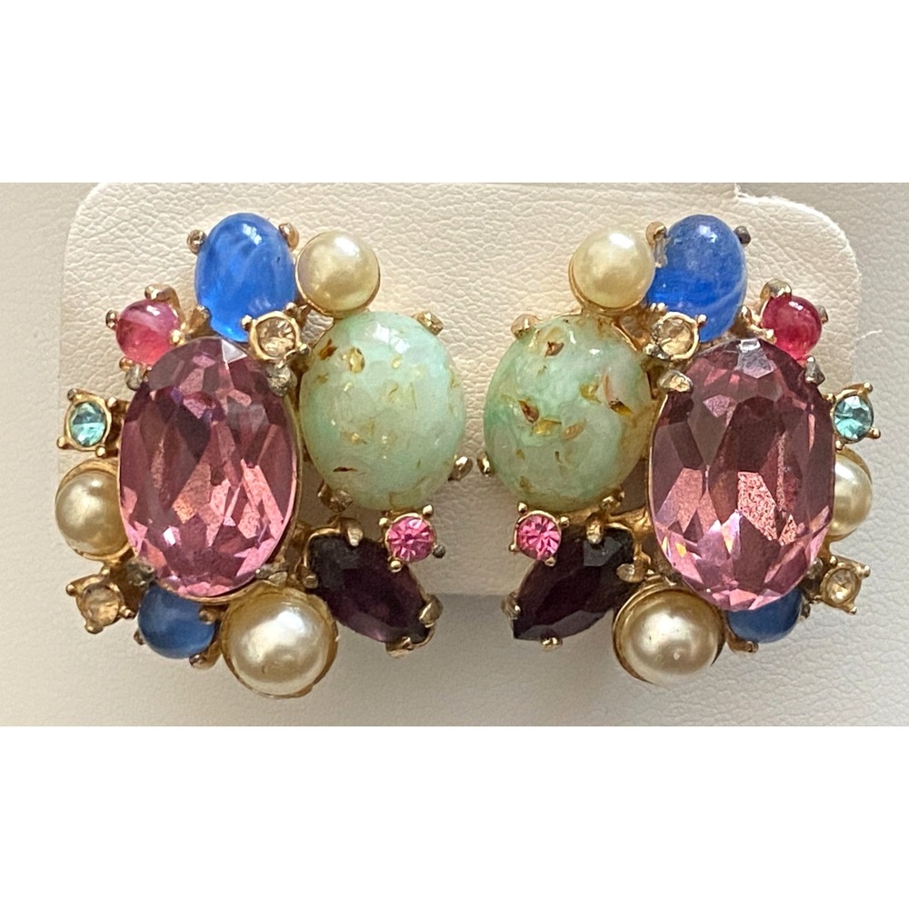 Hollycraft Multi-color Pastel Fruit Salad Rhinestones Clip-on Earrings